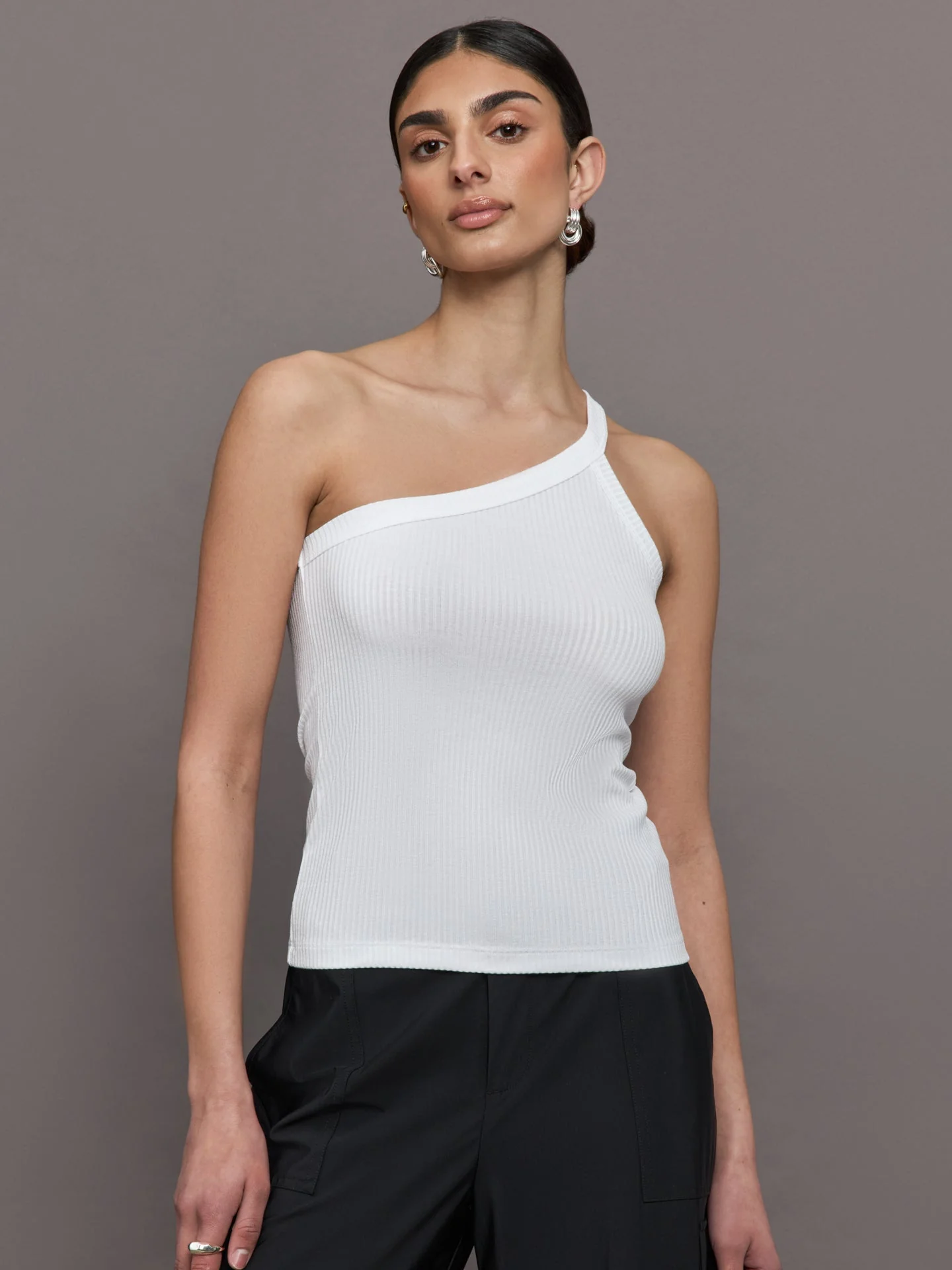 Carbon38 | One Shoulder Tank in Ribbed Jersey | White