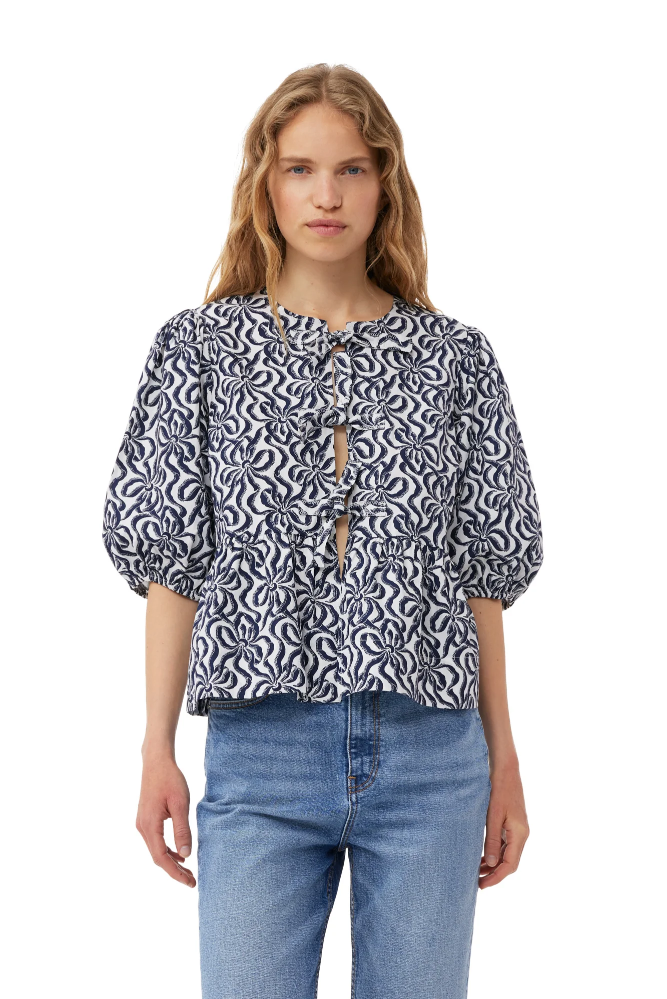 Printed Cotton Peplum Blouse | Egret